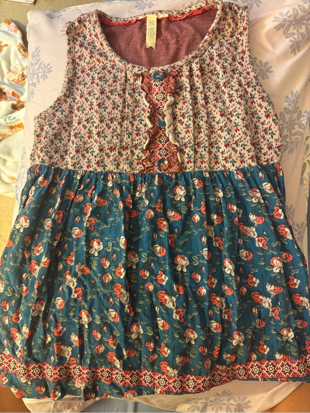 Matilda Jane Teal and Cream Floral Mix-Print Sleeveless top Girls Sz 10
